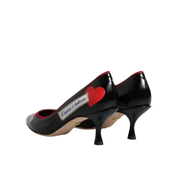 Dolce & Gabbana Black Leather Logo Print Heels Pumps Shoes - Picture 5 of 10